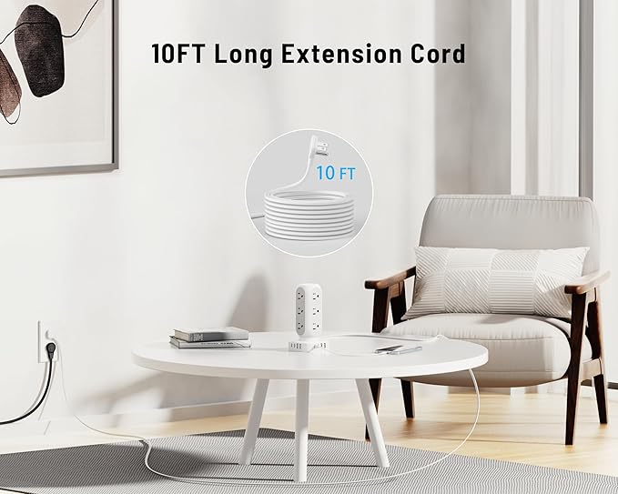 Flat Plug Power Strip Tower 10FT, 40W Total Fast Charging Station, Dual PD 20W USB-C Surge Protector with 12 AC Outlets and 8 USB Ports (4 USB C), Long Extension Cord for Home Office Dorm Room