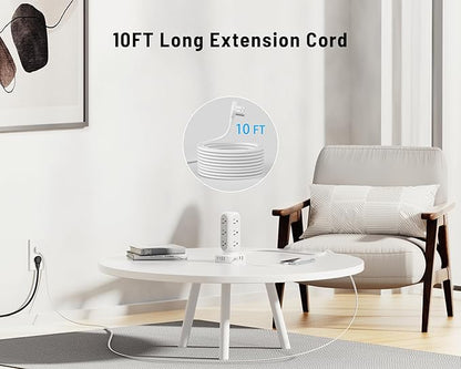 Flat Plug Power Strip Tower 10FT, 40W Total Fast Charging Station, Dual PD 20W USB-C Surge Protector with 12 AC Outlets and 8 USB Ports (4 USB C), Long Extension Cord for Home Office Dorm Room