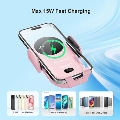 Wireless Car Charger Mount,MAX 15W Qi Fast Charger, Wireless Car Charger Air Vent, Automatic Clamping Phone Holder for iPhone 1615141312 ProPro Max, Samsung S22S21S20Note 20, etc(Pink)