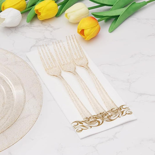 Goodluck 50 Pack Gold Glitter Plastic Forks, Heavy Duty Gold Glitter Forks Disposable, Gold Glitter Plastic Cutlery Perfect for Weddings, Parties, Dinners and Christmas