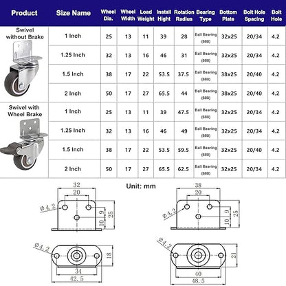 2 Inch L-Shape Plate Swivel Caster w/Brake, L-Clip Side Mount Install Plate for Narrow Place 50mm TPE Rubber Wheel Ball Bearing Furniture Castor Set, 4 Pack Load Capacity 190Lbs/87Kg