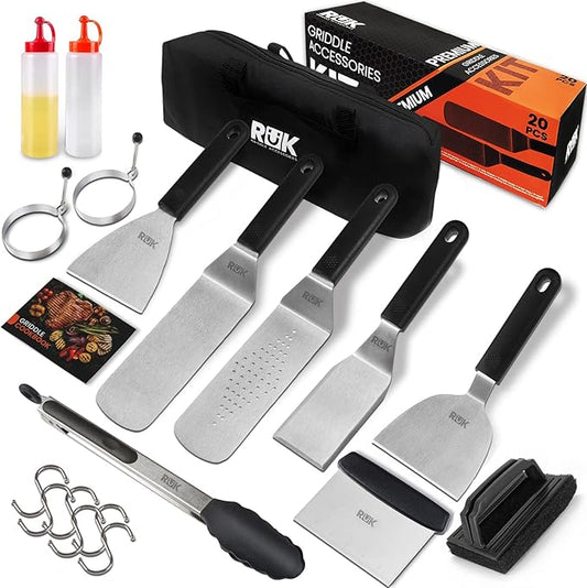 Blackstone Griddle Accessories Kit, RuK 20 PCS Flat Top Griddle Accessories Set with Anti-Scalding Long Handle Metal Spatula, Griddle Scraper, Cleaning Kit, e-Cookbook for Blackstone and Camp Chef