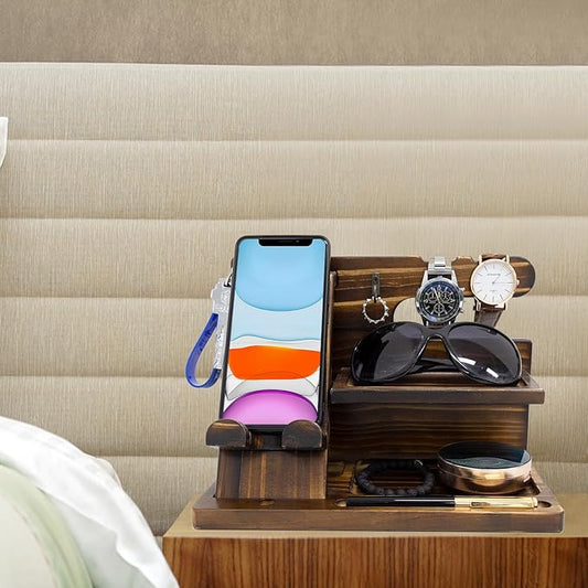 Wooden Phone Stand Holder Docking Station, Gifts for Men, Men Charging Station, Bed Nightstand Organizer Gifts for BirthdayFestival Idea for Desk Stand (Carbonize)