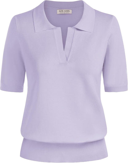 Kate Kasin Women Short Sleeve Polo Sweater V Neck Knitted Tops Casual Ribbed Shirt Loose Pullover Sweater