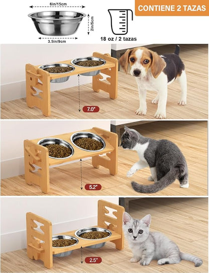 Vantic Elevated Dog Bowls, Adjustable Raised Dog Bowl Stand for Small Puppy and Cats, Sturdy Bamboo Pet Food Feeder with 2 Stainless Steel Dishes, Natural
