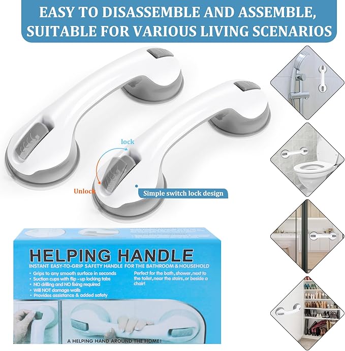 Shower Handle 2 Packs Grab Bars for Bathtubs  Showers, 12 inch Grab Bars for Bathroom with Strong Hold Suction Cup, Balance Bar Safety Hand Rail for Injury, Senior, Elderly Grey