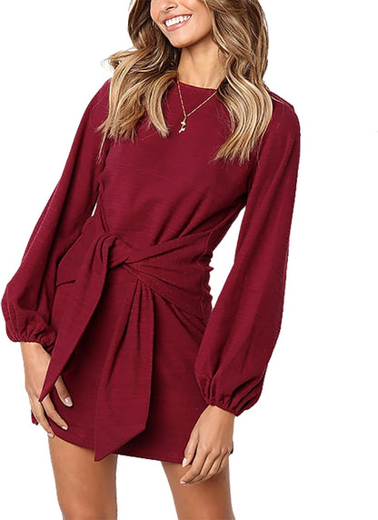 Fashion Womens Fall Elegant Long Lantern Sleeve Short Dress Wedding Guest Crewneck Tie Waist Knit Cocktail Dresses