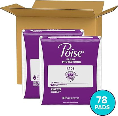 Poise Incontinence  Postpartum Pads for Bladder Leaks, 7 Drop Ultra Absorbency, Long Length, 78 Count, Packaging May Vary