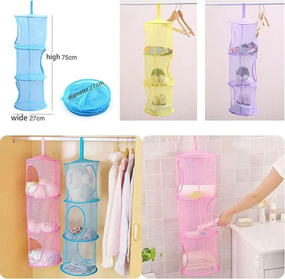 Mesh Hanging Storage Basket With 3 Compartments Foldable Hanging Storage Organizer Net Bag for Toys Storage, Space Saver Sundries Clothes Bra Underwear Socks Drying Basket Laundry Hamper (Pink)