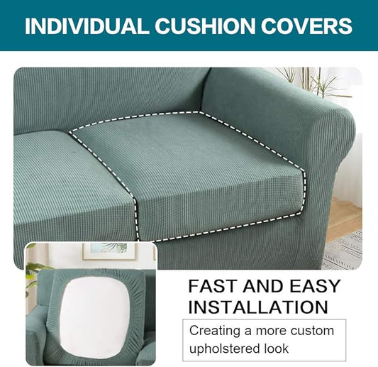 Turquoize 3 Piece Sofa Covers for 2 Cushion Couch Sofa Slipcover Soft Couch Cover for Dogs-Washable Sofa Furniture Covers with 2 Individual Cushion Covers, Jacquard Fabric (Loveseat, Dark Cyan)