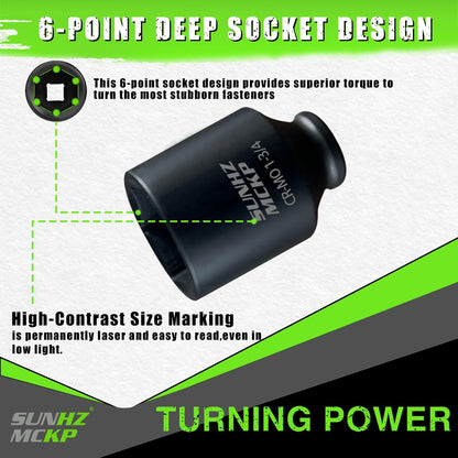 SUNHZMCKP 1/2 Inch Drive Impact Socket, SAE 1-3/4 In Deep Socket, CR-MO, 6 Point Axle Nut Socket for Easy Removal of Axle Shaft Nuts (1-3/4) (minor cosmetic damage)