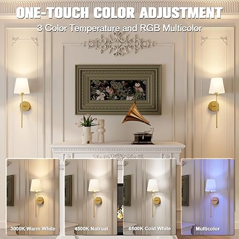 Wall Lights Battery Operated Wall Sconces Set of 2,Gold Wireless Wall Sconces with Remote,9 Colors Modes Rechargeable Wall lamp for Bedroom Living Room