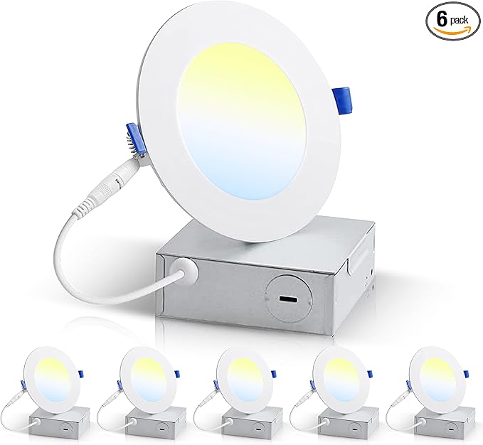 4 Inch Ultra-Thin LED Recessed Light with Junction Box (6 Pack) Dimmable Canless Wafer Downlight, 5CCT Selectable (2700K5000K) Adjustable Wattage, 1050LM High Brightness, ETLFCC Certified