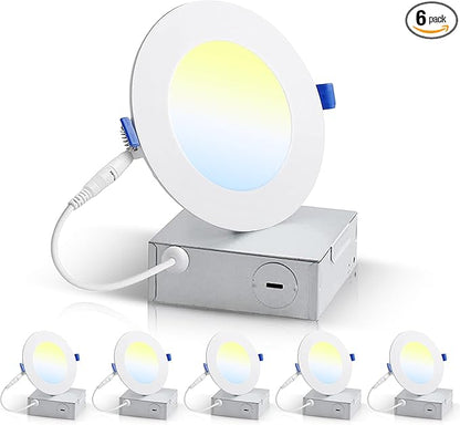 4 Inch Ultra-Thin LED Recessed Light with Junction Box (6 Pack) Dimmable Canless Wafer Downlight, 5CCT Selectable (2700K5000K) Adjustable Wattage, 1050LM High Brightness, ETLFCC Certified