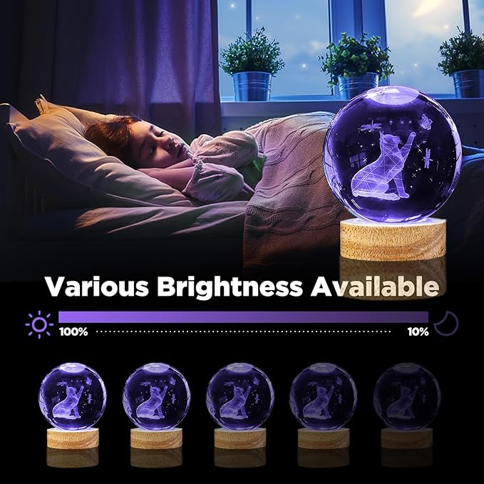 Crystal Ball Night Light Cat Lamp, 3.15 Inch Cat Figurines with 16 Color Wooden LED Base, Birthday