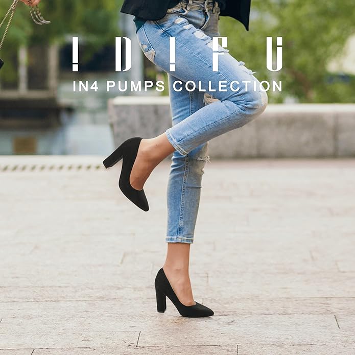 IDIFU Women's IN4 Chunky-HI Block High Heels Closed Pointed Toe Pumps Dress Office Shoes for Women