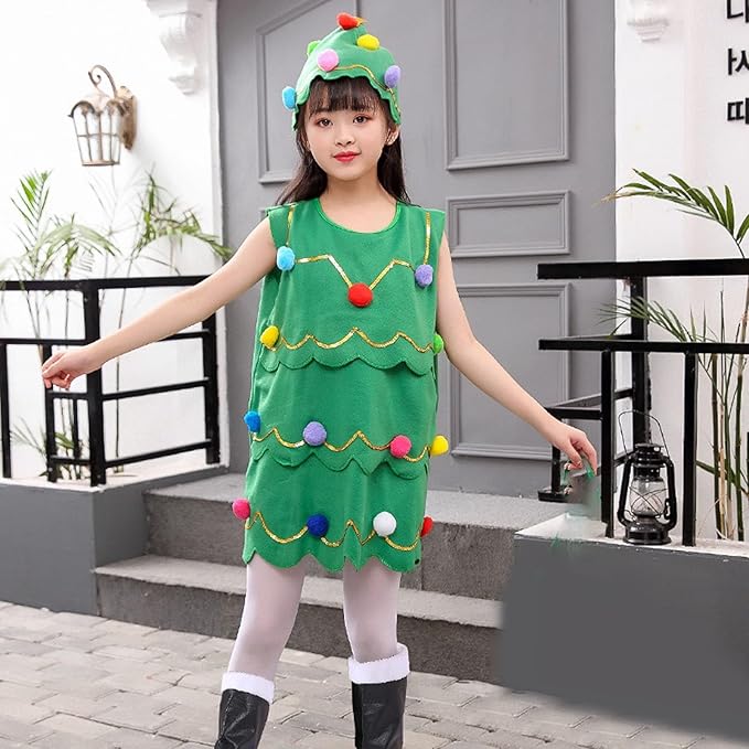 Cute Christmas Tree Costume for Kids,Green Pompom Xmas Tree Dress with Hat,Toddler Girl Christmas Cosplay Dress Up