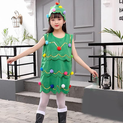 Cute Christmas Tree Costume for Kids,Green Pompom Xmas Tree Dress with Hat,Toddler Girl Christmas Cosplay Dress Up