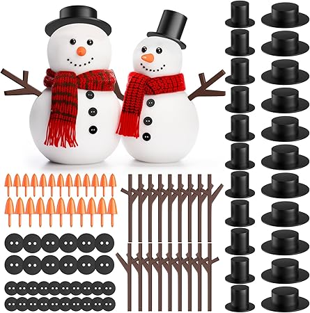 Outivity 300 Pcs Snowman Crafts DIY Kits for Winter Kids Holiday Party Decor Gift,Includes 30 Mini Black Top Hats,180 Snowman Craft Buttons,30 Carrot Noses Buttons and 60 Snowman Hands