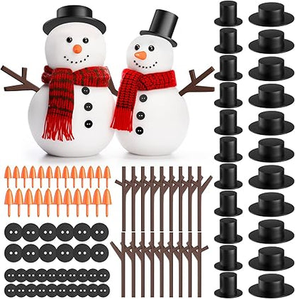 Outivity 300 Pcs Snowman Crafts DIY Kits for Winter Kids Holiday Party Decor Gift,Includes 30 Mini Black Top Hats,180 Snowman Craft Buttons,30 Carrot Noses Buttons and 60 Snowman Hands