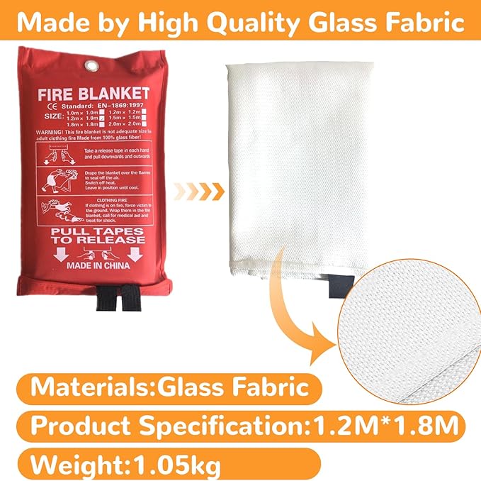 Fiberglass Fire Blanket with Flame-Retardant Cotton Tapes,Emergency Fire Blankets for Home,Kitchen,Car,Hotel,47?o71Inches, with Gloves,Safety Equipment Kitchen fire Extinguisher