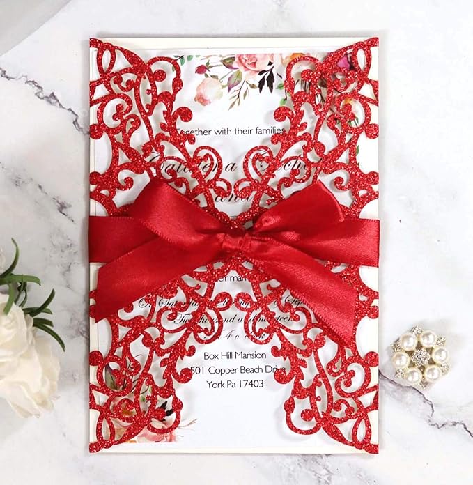 25PCS Wedding Invitation,Silver invitations,Silver Powder Floral Laser Cut with Blank Inner Sheet, Envelopes and Ribbons for Party Wedding Engagement Bridal Bridal Shower Invite (Red)