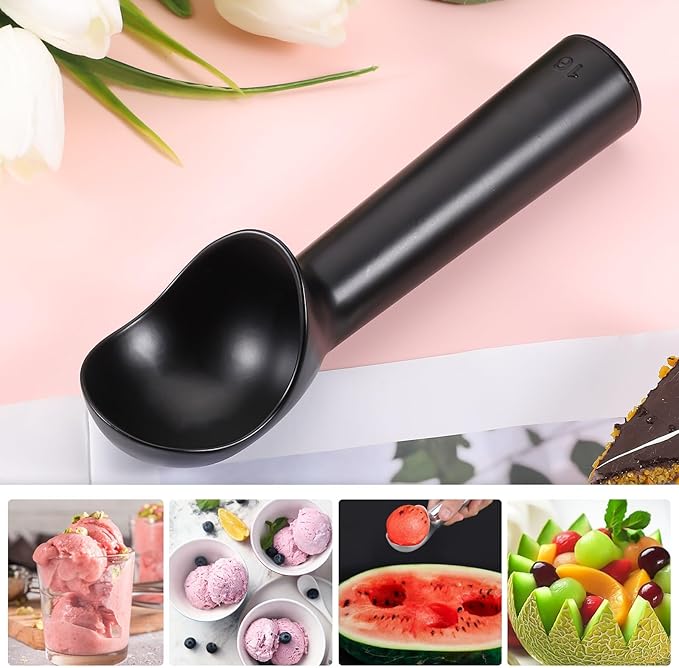 Pimoys 2.5oz Large Ice Cream Scoop 7 inches Nonstick Anti-Freeze Metal Ice Cream Scooper Professional Aluminum Icecream Scoop Spoon, Black