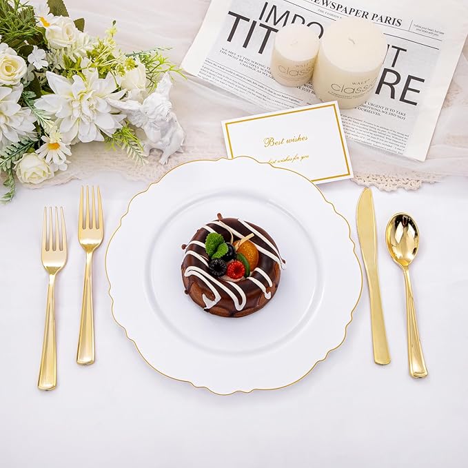 WDF 60pcs Gold Plastic Plates Gold Rimmed Plastic Plates -10.25inch Baroque White And Gold Plastic Wedding Plates Disposable Dinner Plates for Upscale Parties &Wedding