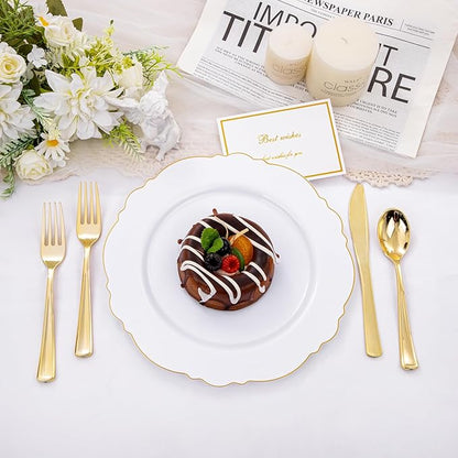 WDF 60pcs Gold Plastic Plates Gold Rimmed Plastic Plates -10.25inch Baroque White And Gold Plastic Wedding Plates Disposable Dinner Plates for Upscale Parties &Wedding