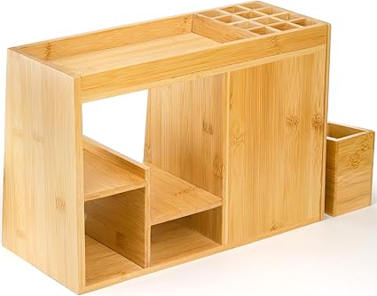 Elsjoy Bamboo Makeup Organizer with 3 Drawers  12-Grid Lipstick Holder, Desk Bamboo Vanity Jewelry Organizer, Countertop Cosmetic Storage Box Stand with Hooks for Hanging Jewelry