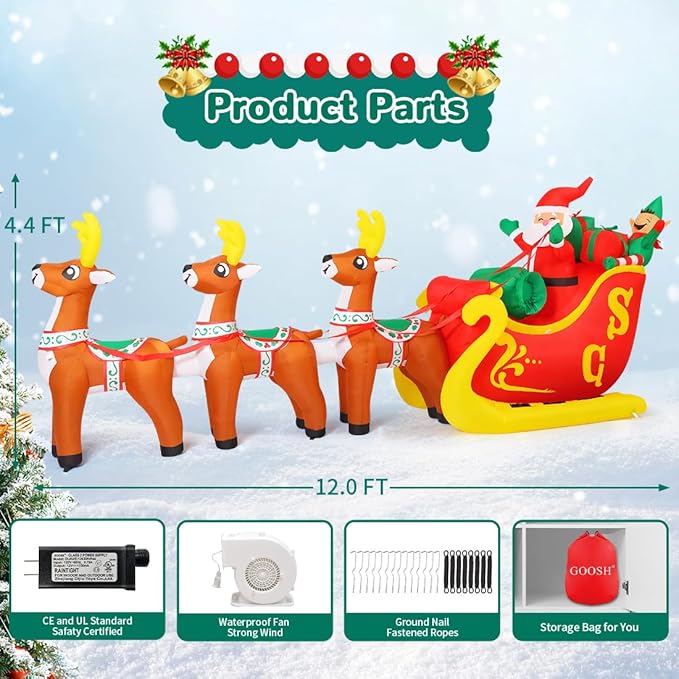 GOOSH 12 Ft Christmas Inflatable Reindeer cart Outdoor Decorations Blow Up Yard Three Deer Pulling a Sleigh and Santa Claus with Built-in LEDs for Indoor Party Garden Lawn Decor
