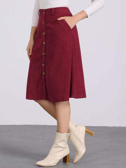 Allegra K Women's Button Front High Waist A-Line Belted Corduroy Midi Skirt | Corduroy Fabric, Tie Waist, A-Line, High Waist, Elastic Waist, Slant Pockets, Belt Loops, Midi Length