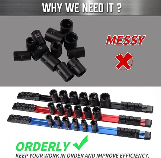 ALOANES 14-Inch Drive Aluminum Alloy Socket Organizer, Heavy Duty Socket Racks, Socket Holder Kit 14-Inch x 24 Clips (Black)