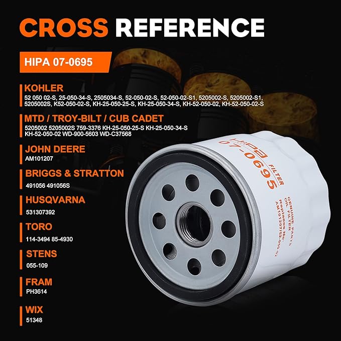 Hipa 52 050 02-S Oil Filter for Kohler 7000 HD 2000 Series Kohler CH11-CH15 CV11-CV22 M18-M20 MV16-MV20  K582 Engine Lawn Mower Cub Cadet Farm Tractor Parts Replace KH-52-050-02-S