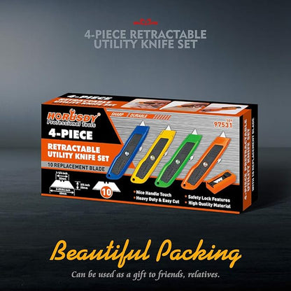 HORUSDY 4-Pack Box Cutter Utility Knife, Heavy Duty Aluminum Shell Retractable Box Cutter for Cardboard, Boxes and Cartons, Extra 10 Blades