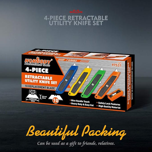 HORUSDY 4-Pack Box Cutter Utility Knife, Heavy Duty Aluminum Shell Retractable Box Cutter for Cardboard, Boxes and Cartons, Extra 10 Blades