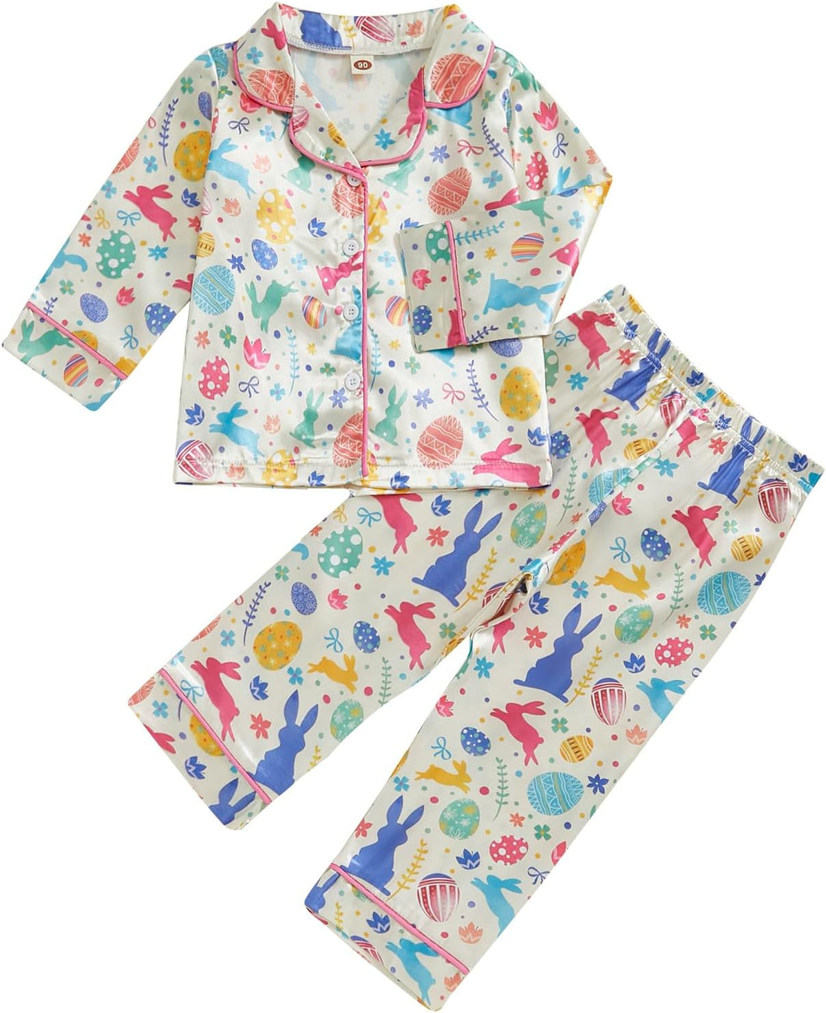 Toddler Baby Girl Boy Easter Satin Pajamas Set Cute Bunny Long Sleeve Button-up Shirt Top Long Pants Sleepwer