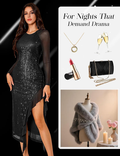 Aupuls Womens Sparkly Prom Dress with Sleeves Cocktail Dresses for Women Semi Formal