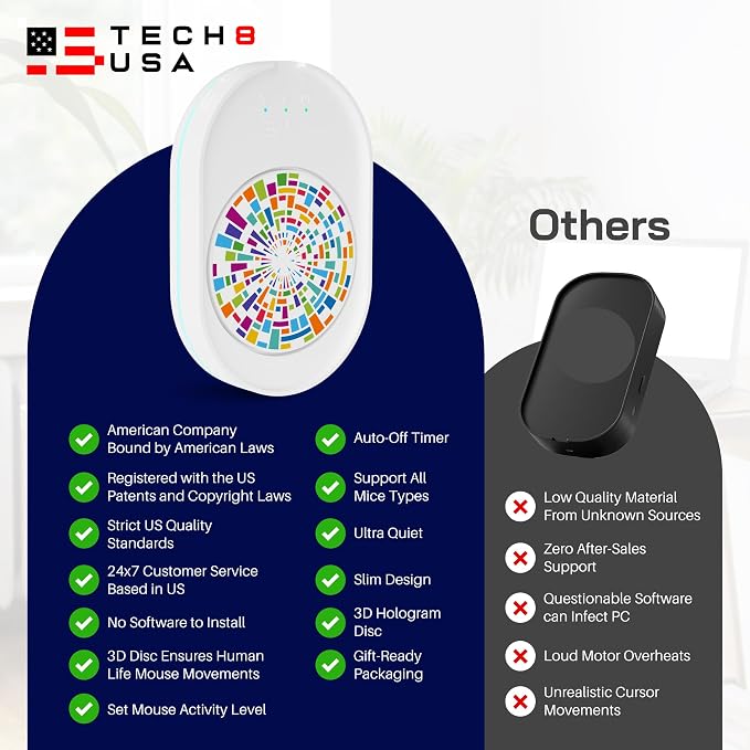 TECH8 USA Undetectable Mouse Mover Jiggler with Ambient Glow Ring and Hologram Disc for Laptops, PC, No Software, Random Movement, Designed, Patented and Trademarked in USA - 3D Hologram Glass