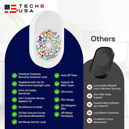 TECH8 USA Undetectable Mouse Mover Jiggler with Ambient Glow Ring and Hologram Disc for Laptops, PC, No Software, Random Movement, Designed, Patented and Trademarked in USA - 3D Hologram Glass