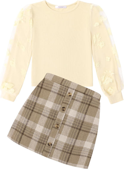Arshiner Girl's Skirt Sets Casual Fall Outfits Corduroy Skirt and Long Sleeve Rib Knit Shirt Tops Trendy 2 Piece Clothes