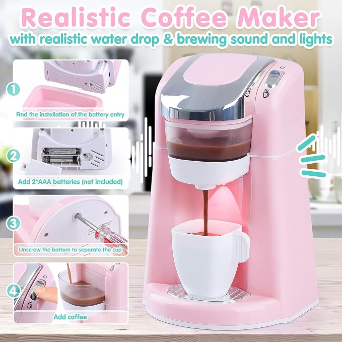 Kitchen Appliances Toys Playset Accessories for Toddlers Ages 3+, Pink | Toy Coffee Maker for Kids, Pretend Play Kitchen Set with Mixer & Toaster, Realistic Lights & Sounds, Ages 3+