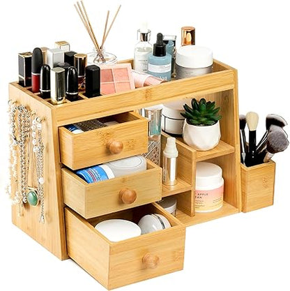Elsjoy Bamboo Makeup Organizer with 3 Drawers  12-Grid Lipstick Holder, Desk Bamboo Vanity Jewelry Organizer, Countertop Cosmetic Storage Box Stand with Hooks for Hanging Jewelry