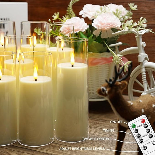 Flickering Flameless Candles Battery Operated with Remote and 2468 H Timer Plexiglass Led Pillar Candles Pack of 9 (D2.2"xH 5"6"7")with Realistic Moving Wick Candles for Home Decor(Ivory)