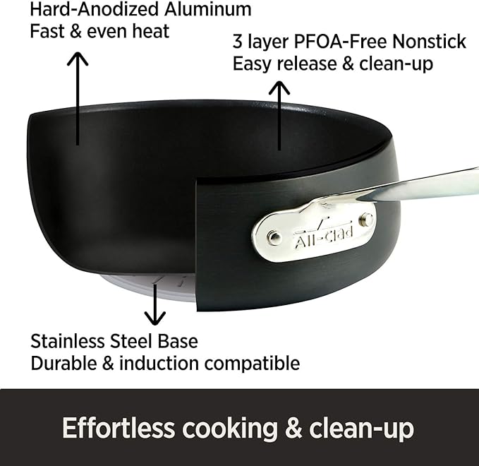 All-Clad HA1 Hard Anodized Nonstick Stockpot 4 Quart Induction Oven Broiler Safe 500F, Lid Safe 350F Pots and Pans, Cookware Black