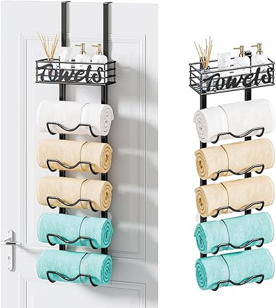 HapiRm Over Door Towel Rack - 6 Tier Over The Door Towel Racks for Bathroom, Wall Mount Towel Holder with Metal Shelf, Rolled Towel Organizer Door Hanging Towel Storage for Small Bathroom - Black