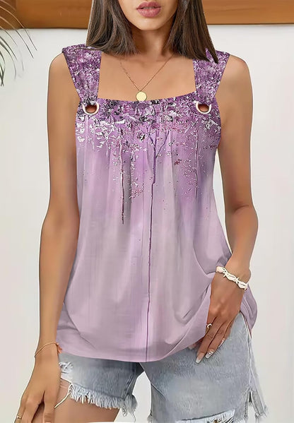 Summer Tank Tops for Women Pleated Square Neck O Ring Shoulder Sleeveless Shirts Casual Loose Fit Trendy Blouses