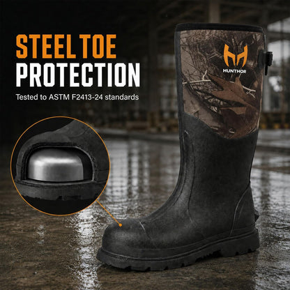 Rubber Work Boots, Puncture-Proof with Steel Toe & Shank, Waterproof Insulated 6mm Neoprene Hunting Boots for Farming, Construction, Gardening, Fishing, Outdoor Work (Size 6-14)
