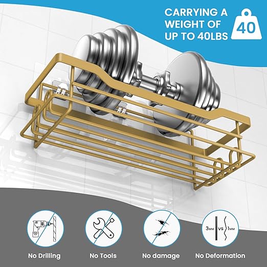 Shower Caddy Shelves Organizer Rack, Single Pack Shower Caddy, Shower Shelves for Inside Shower, No Drilling Wall Mounted Self Adhesive Shower Shelves, Matte Gold