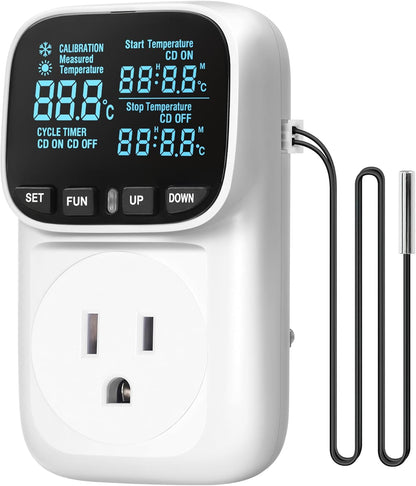 Digital Temperature Controller Outlet (Does Not Include Sensor Wire), 15A/1800W Heavy Duty Thermostat Plug, VA LCD Display, Heating/Cooling Control, -40°F~210°F, 4 Timer Modes, for Greenhouse Incubator Homebrew W01TC06